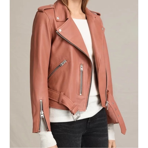 All Saints Balfern Biker Jacket - Coral Pink Red Lamb Leather Belted Jacket sz 6 - Picture 12 of 16
